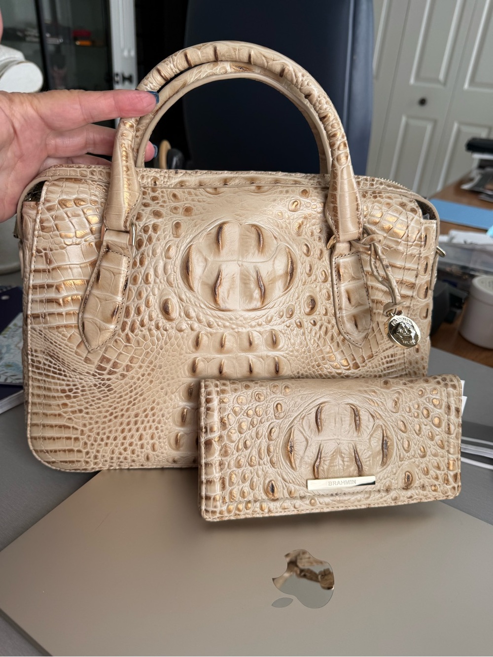 Brahmin Cream Embossed Croc Satchel with Matching Wallet